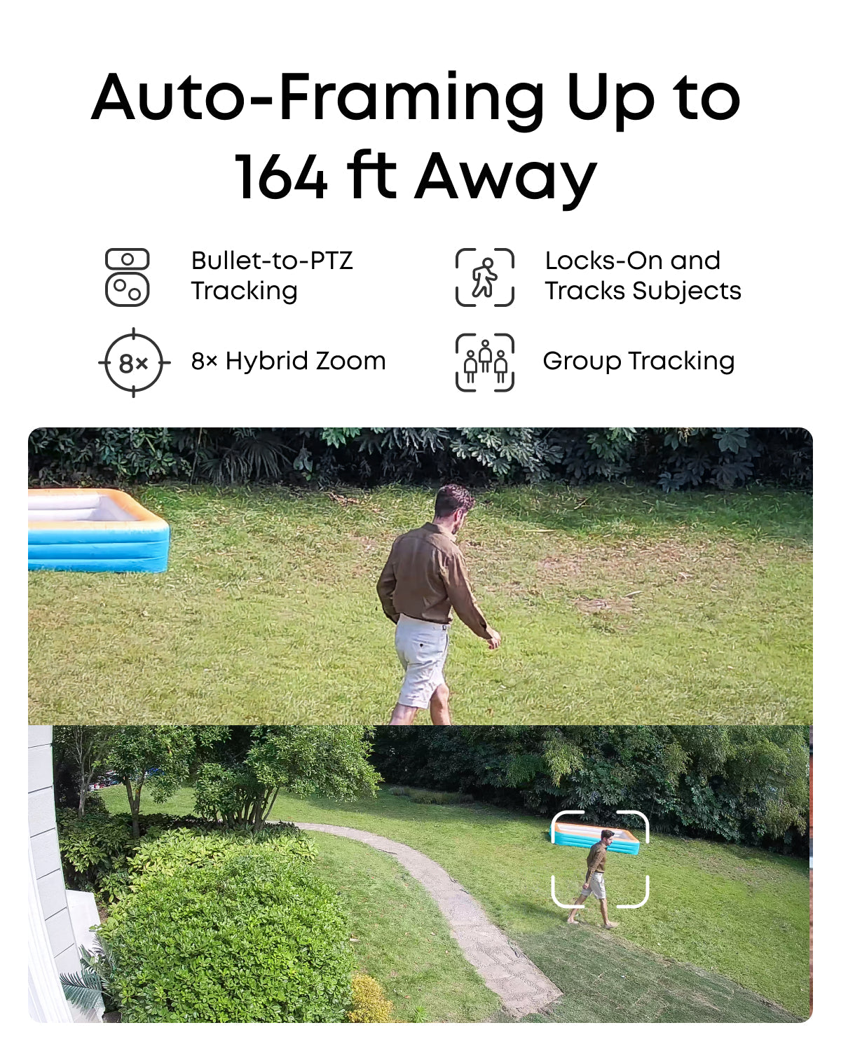 Eufy NVR Security System S4 Max showing auto-framing tracking a man walking in a backyard with a pool.