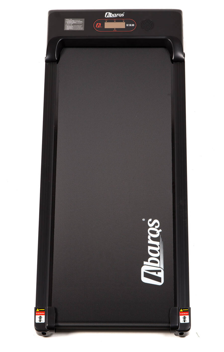 AbarQs fitness BZ-38.00 electric treadmill walking pad with black running surface and control panel on top.