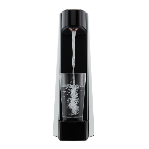 Carbon8 One Touch Sparkling Water Dispenser filling a glass with sparkling water, front view on white background.