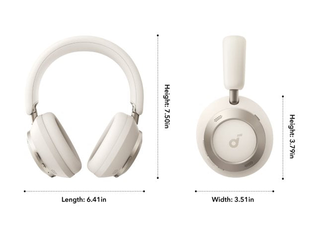 Soundcore Space One Pro white headphones shown front and side with dimensions labeled.
