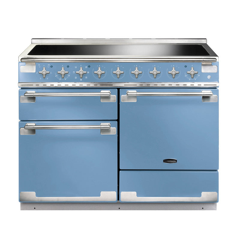 Rangemaster Elise 110 induction range cooker in blue with multiple oven doors and control knobs