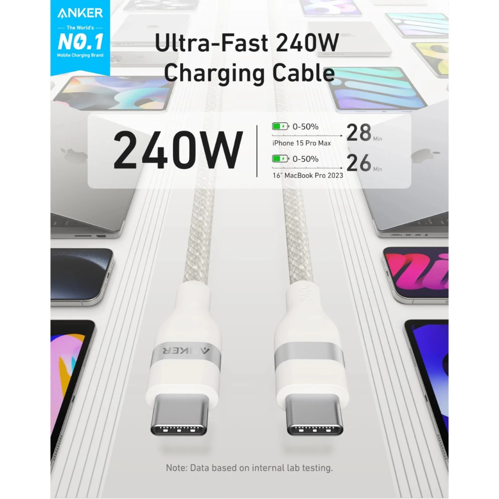 White Anker USB-C to USB-C 240W charging cable with braided design and silver accents on connectors