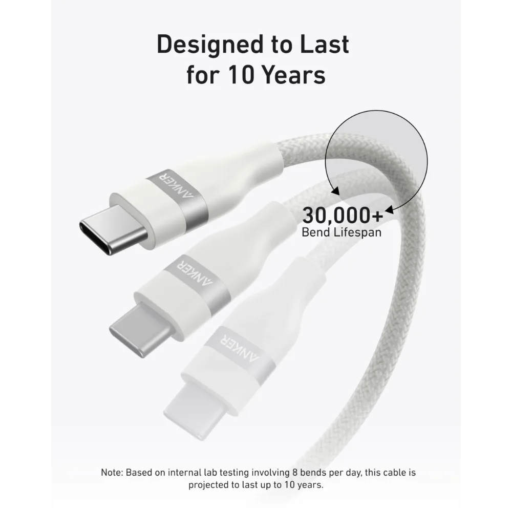 White Anker USB-C to USB-C charging cable with braided exterior and durability callout for 30,000+ bends