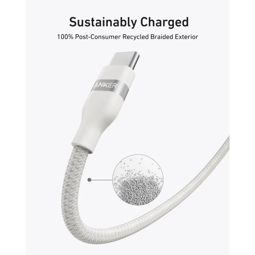 White Anker USB-C to USB-C charging cable with braided recycled exterior and close-up of material texture