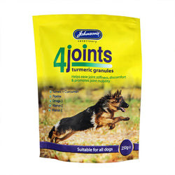 Johnson's 4-Joints Granules 250g for dogs, supports healthy joint mobility and cartilage, available at Keans Claremorris.