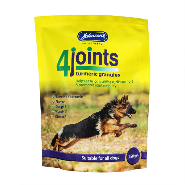 Johnson's 4-Joints Granules 250g for dogs, supports healthy joint mobility and cartilage, available at Keans Claremorris.