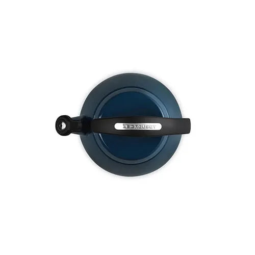 Top view of Le Creuset Cloche Kettle 2.1L Nuit showing the lid and black handle with logo plaque.