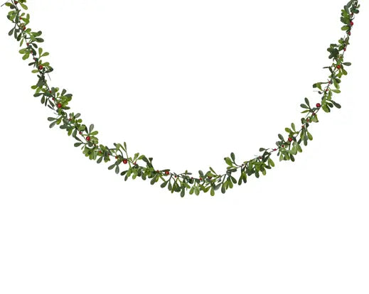 A green garland of artificial holly leaves and small red berries, displayed in a curved shape against a solid white background.