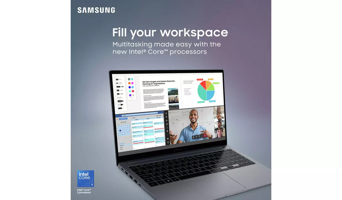 Samsung Galaxy Book4 15.6" laptop open, showing multitasking screen with video call and charts