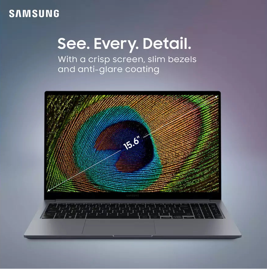 Samsung Galaxy Book4 laptop front view with 15.6" screen showing a colorful peacock feather image
