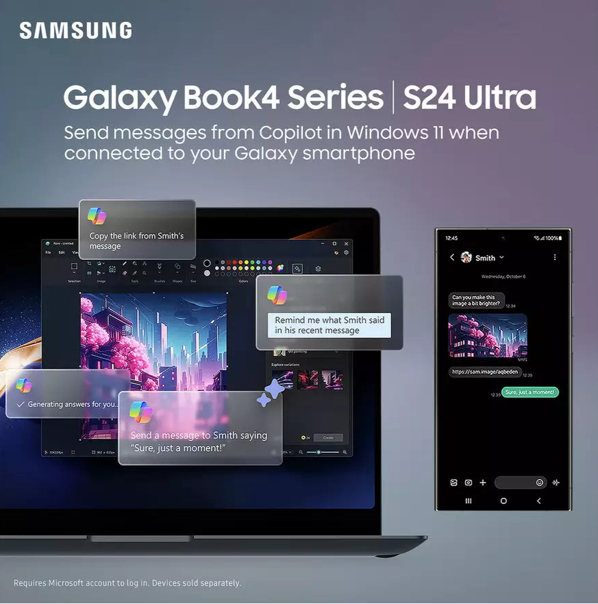 Samsung Galaxy Book4 laptop screen showing messaging features linked with a Galaxy smartphone.