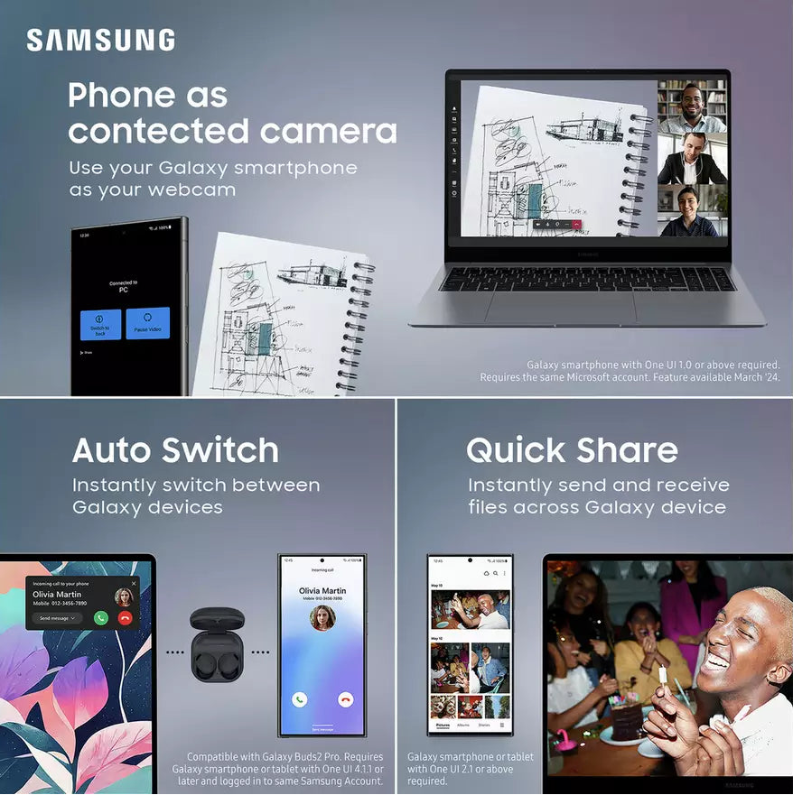 Samsung Galaxy Book4 laptop showing video call and phone connectivity features on screen.