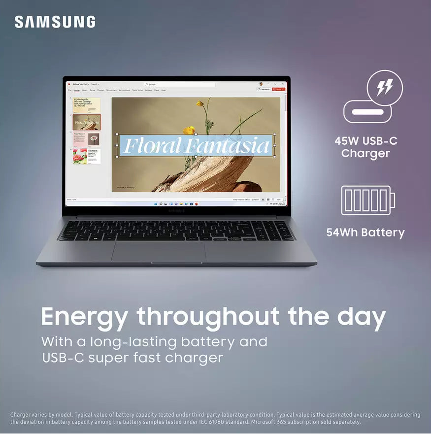 Samsung Galaxy Book4 laptop open, showing a presentation slide titled "Floral Fantasia" on screen
