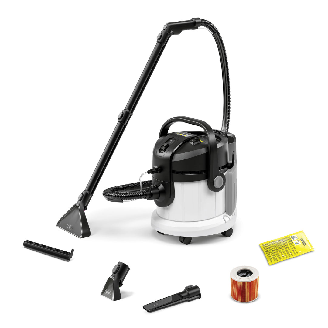 Karcher SE4 Select Carpet Cleaner Vacuum with hose, wand, four cleaning attachments, filter, and yellow instruction sheet on