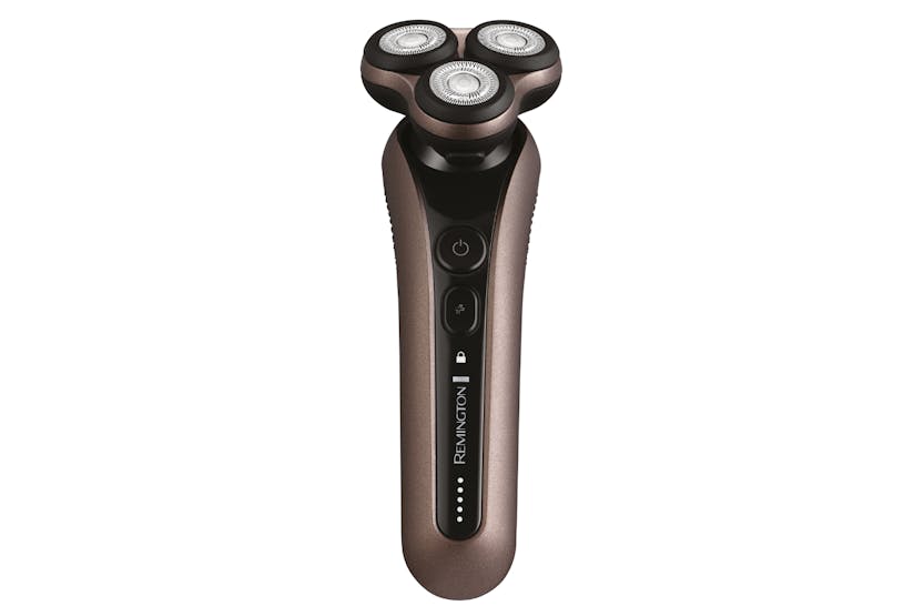 Remington Mens Cordless Shaver X9 with three rotary heads and LED display on bronze and black body