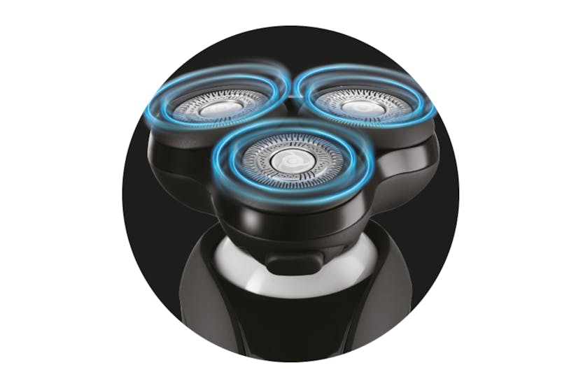 Close-up of Remington Mens Cordless Shaver X9 triple rotary blades with blue motion effect on black background