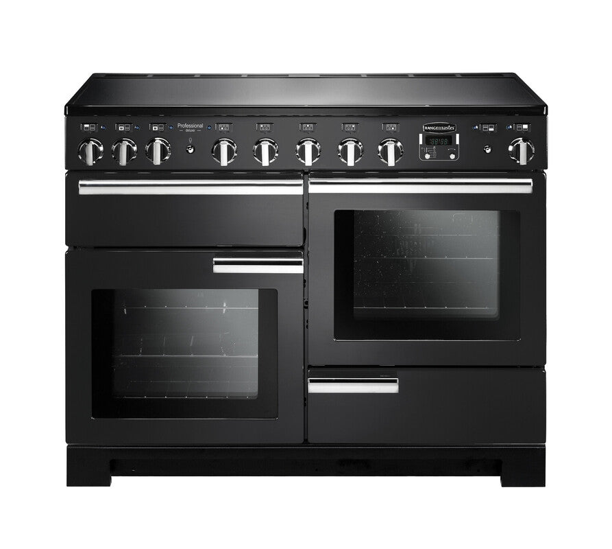 Rangemaster Professional Deluxe 110 induction range cooker in black with double ovens and control knobs above