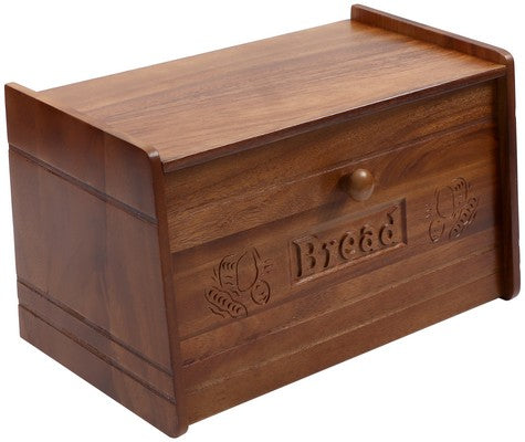 Acacia wood bread bin with carved "Bread" label and decorative wheat motifs on front panel