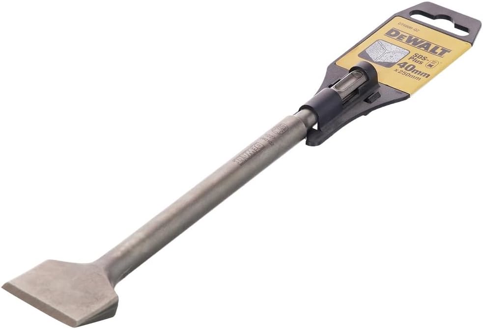 DeWalt SDS Plus steel tile/scaling chisel 40mm with metal shaft and yellow branded packaging tag.
