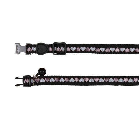 Black nylon cat collar with hearts, adjustable with metal buckle and bell – Keans Claremorris.