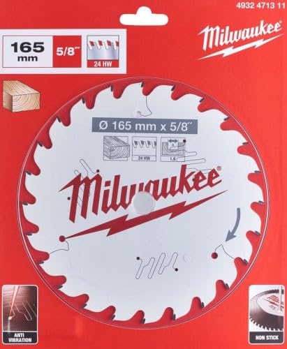 Milwaukee 165mm circular saw blade with 24 teeth in red and white packaging showing size and anti-vibration features.