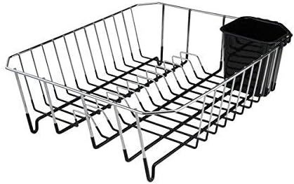 Black chrome dish drainer with wire rack design and attached utensil holder on the side.