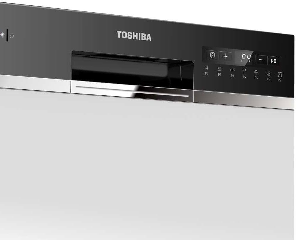 Close-up of Toshiba tabletop dishwasher in steel and black with digital control panel and handle.