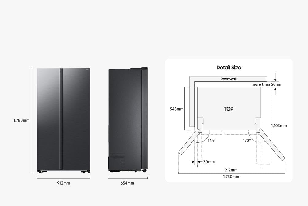 Samsung Series 6 stainless steel American fridge freezer front and side views with detailed door opening dimensions diagram.