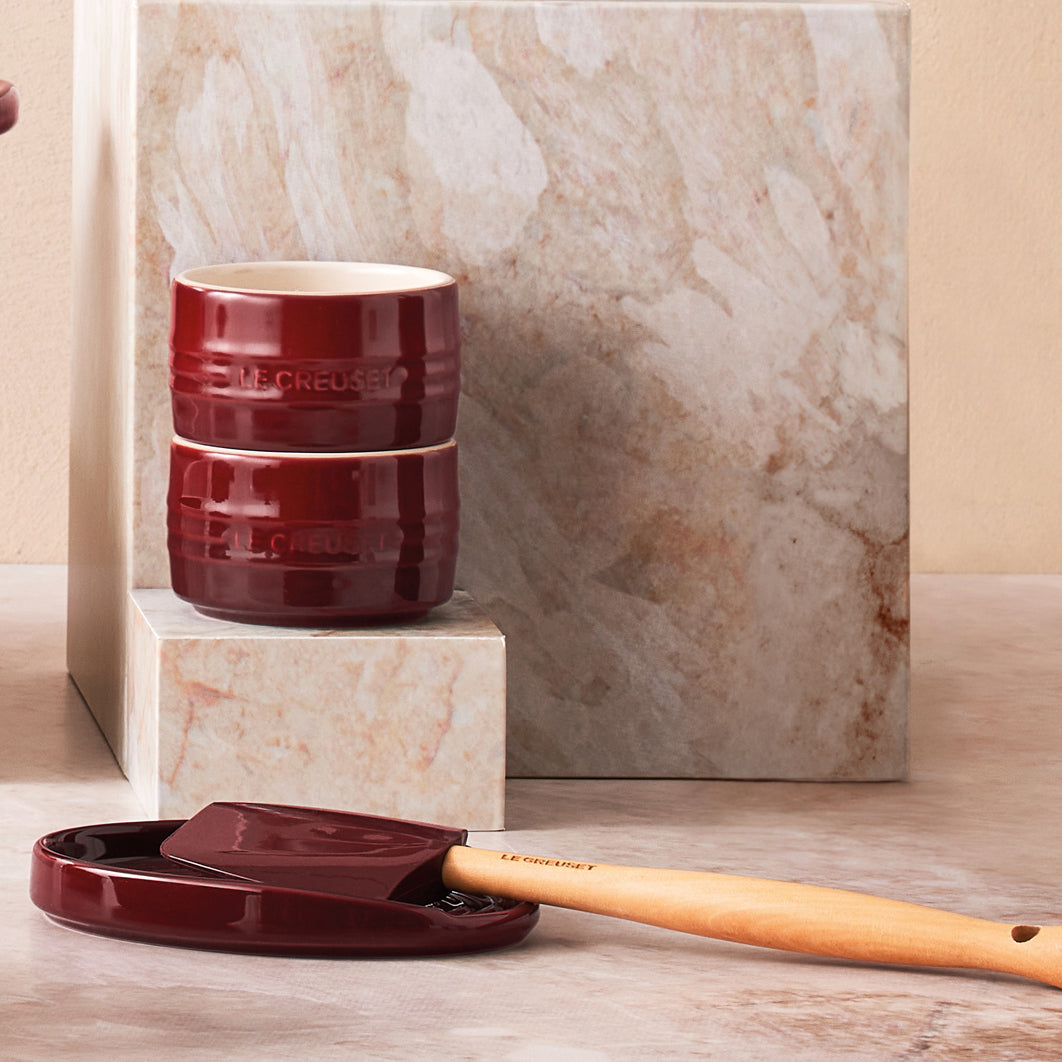 Le Creuset Craft Medium Spatula in Garnet red, durable silicone, ergonomic handle - available at Keans Claremorris.