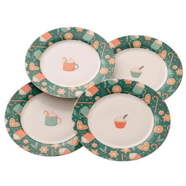 Belleek Living Christmas Cupcakes set of 4 fine china tea plates with festive cupcake and cookie design, microwave safe –