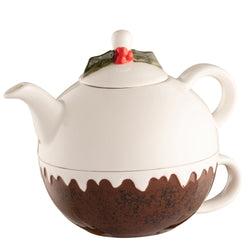 Belleek Living Christmas Pudding Tea for One stoneware set with holly detail, teapot on cup, festive gift from Kean’s