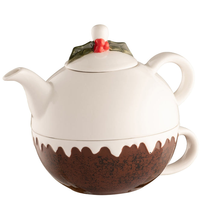 Belleek Living Christmas Pudding Tea for One stoneware set with holly detail, teapot on cup, festive gift from Kean’s
