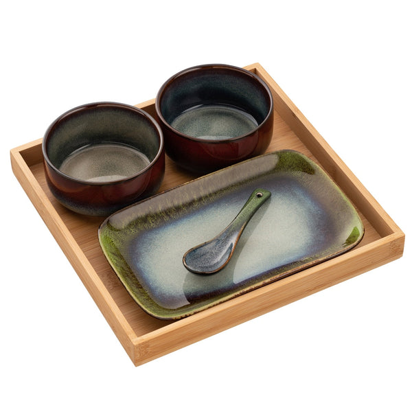 Belleek Koda Serving Tray set with stoneware bowls, rectangular plate, bamboo tray, reactive glaze finish, at Kean’s