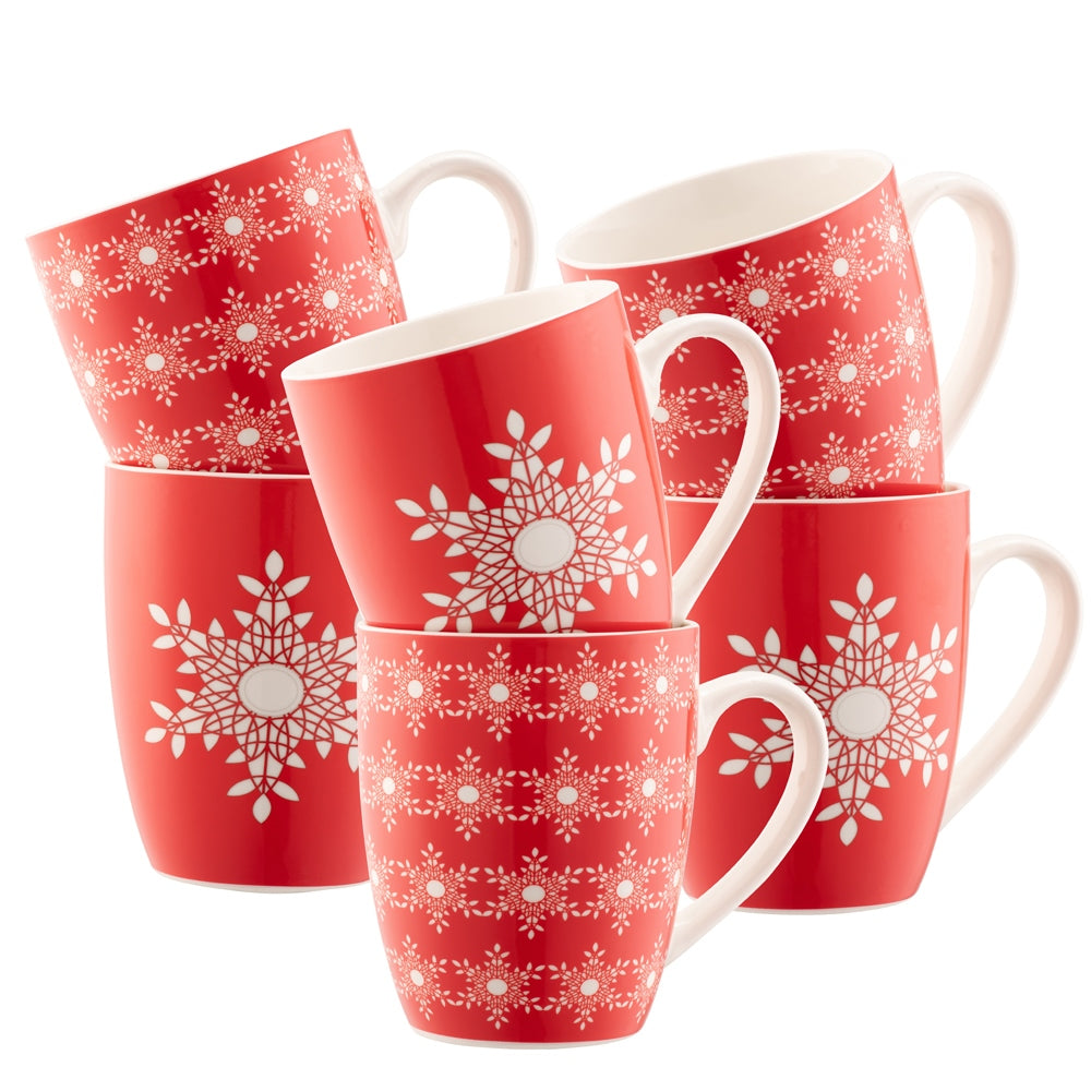 Snowflakes 6-piece red and white bone china mug set with festive snowflake designs, gift box included – Kean’s Claremorris.
