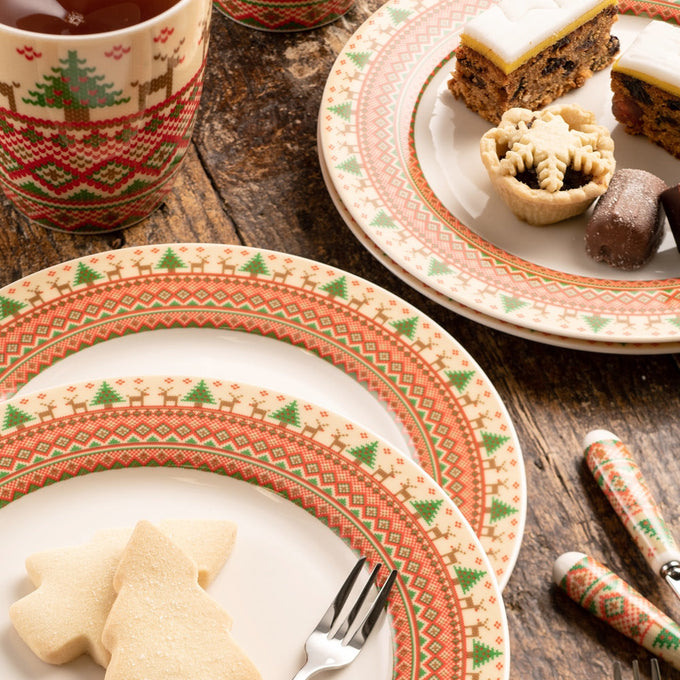 Aynsley Christmas jumper tea and dessert plates set of 4, festive design, available at Keans Claremorris.