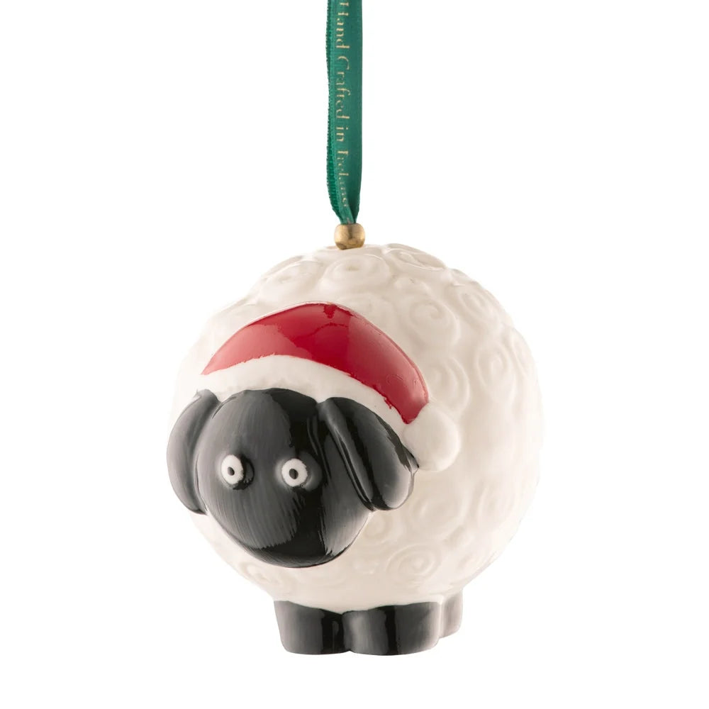 Belleek Classic Sheep Ornament with black face, white woolly body, and red Santa hat hanging by green ribbon.