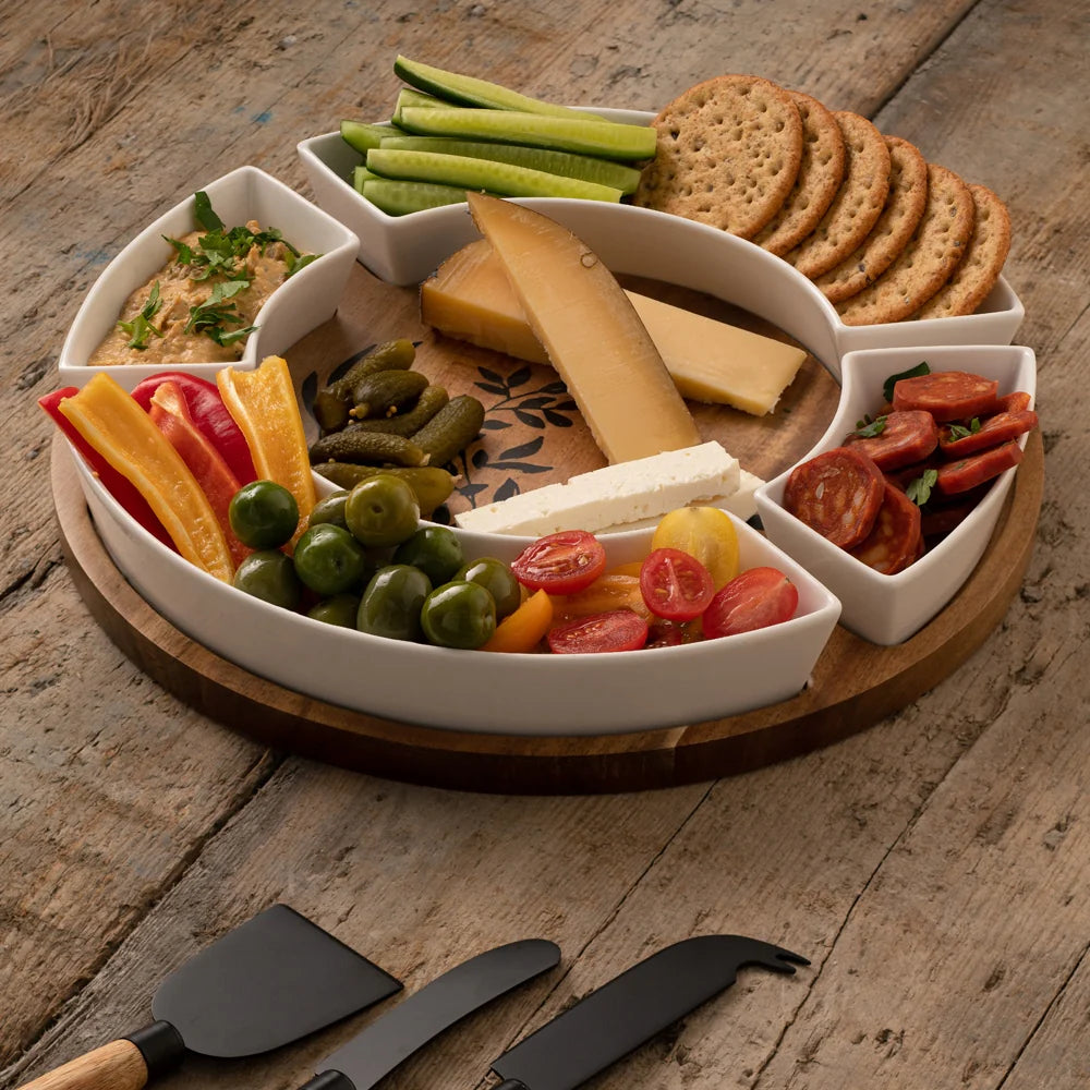 Belleek Graze Serving Board with natural wood finish, perfect for charcuterie and appetizers – available at Keans