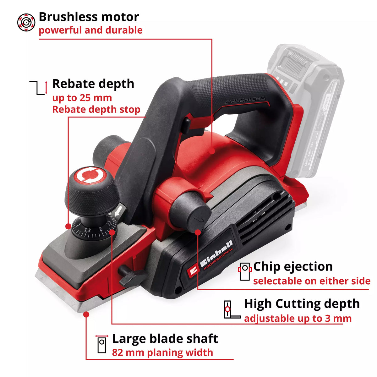 Red and black Einhell PXC 18V brushless planer with adjustable rebate depth and chip ejection features.