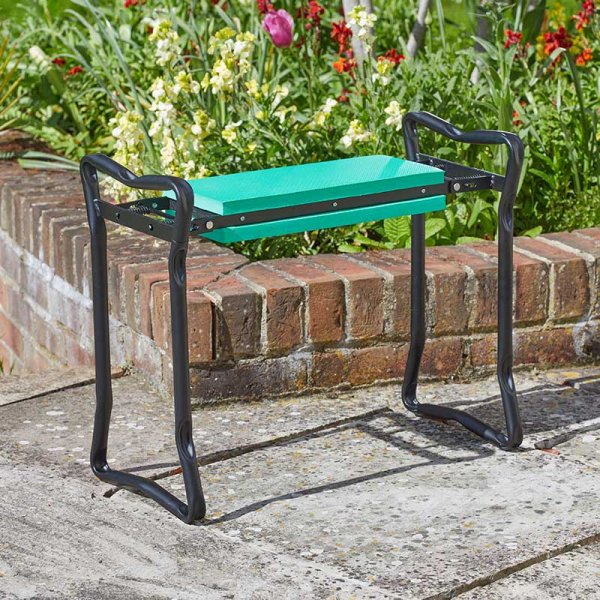 Folding kneeler seat with cushioned pad and sturdy frame for gardening, from Keans Claremorris store.