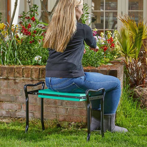 Folding Kneeler Seat with padded cushion and sturdy frame for gardening comfort – available at Keans Claremorris.