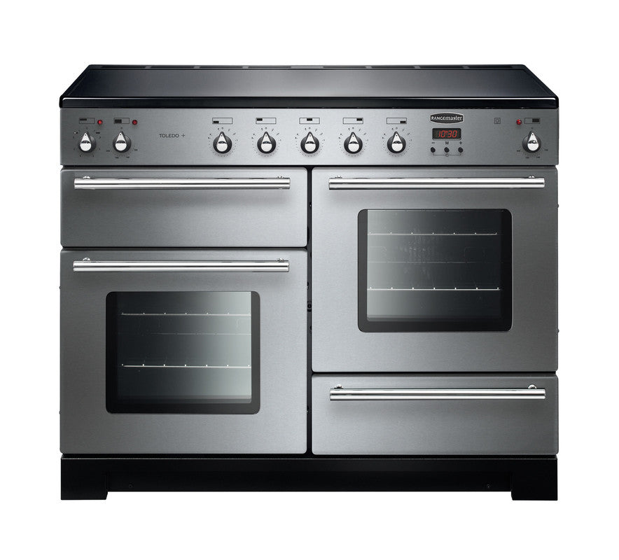 Rangemaster Toledo + 110 induction range cooker in stainless steel with dual ovens and five hob controls.