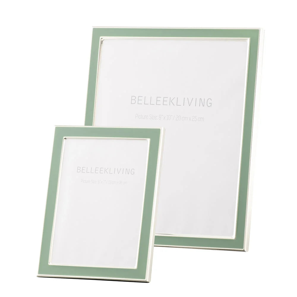 Two Belleek Teal Frame photo frames, one 8x10 inches and one smaller, both with teal borders and silver edges.