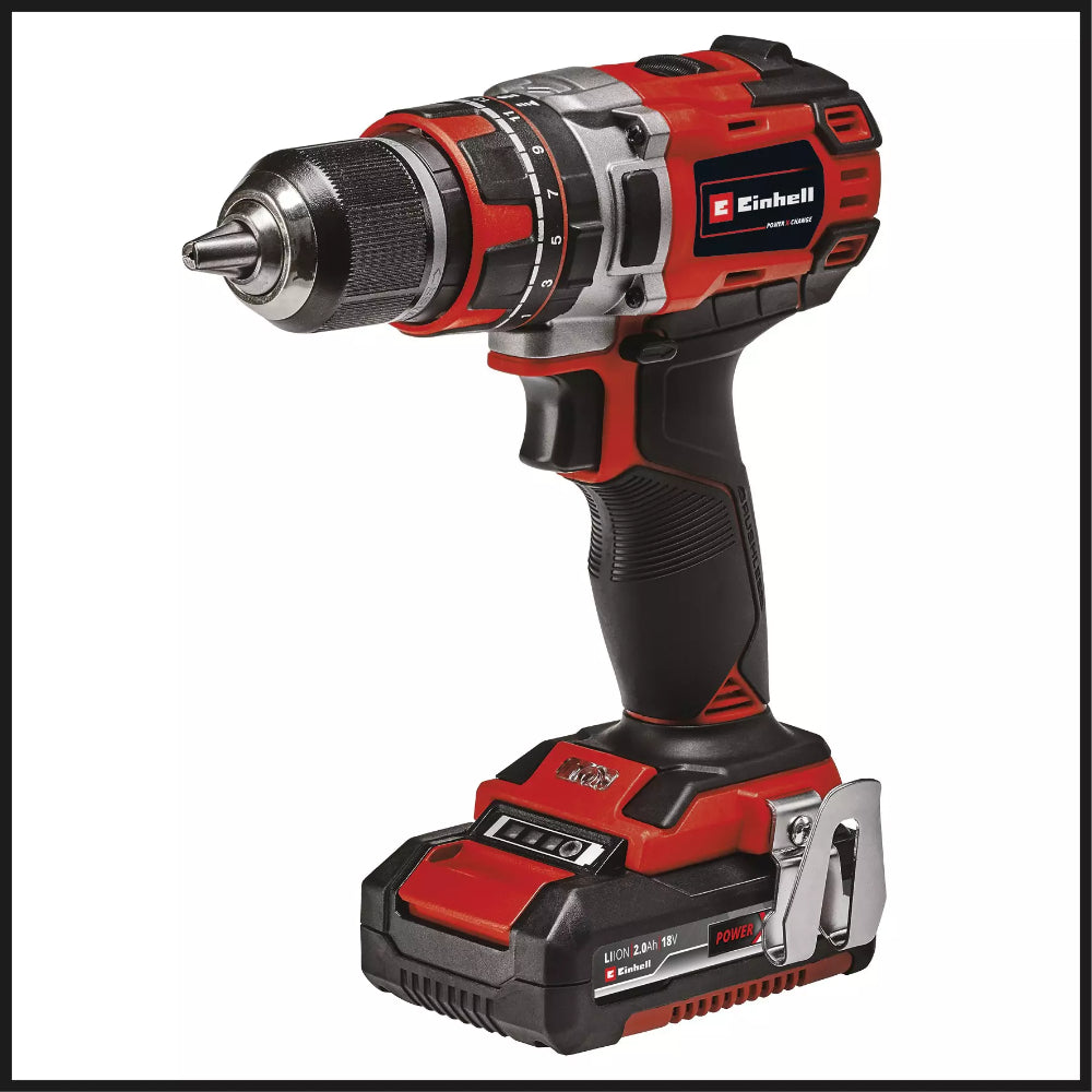 Einhell PXC Professional brushless combi drill with black and red body and attached 18V battery pack.