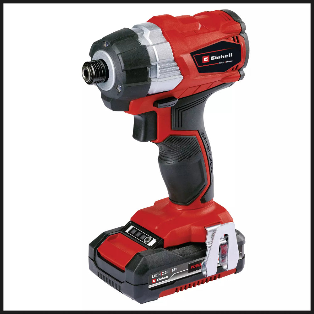 Einhell PXC Professional brushless impact driver in red and black with battery and metal belt clip.