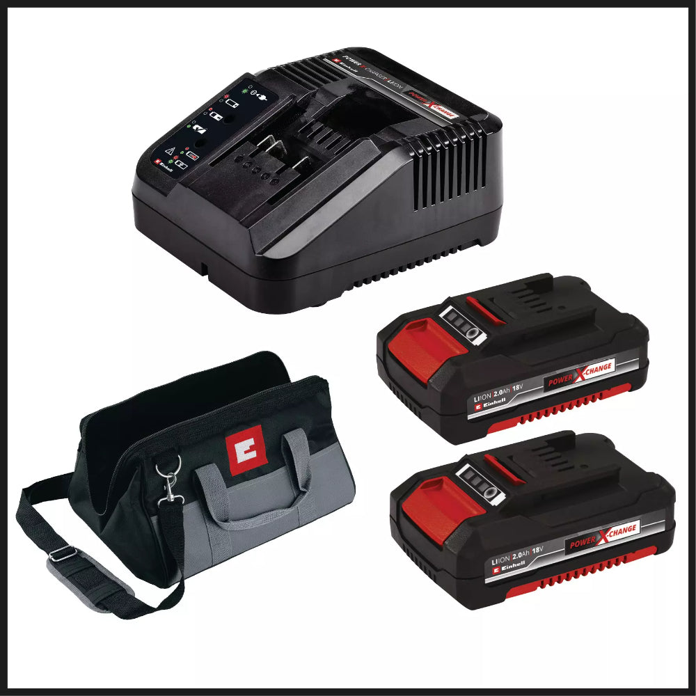 Einhell PXC charger, two 18V 2.0Ah batteries, and black and gray carrying bag with red logo.