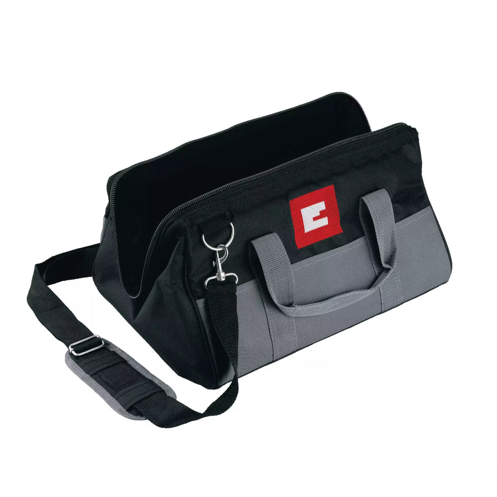 Black and gray Einhell tool bag with red logo, open top, and adjustable shoulder strap