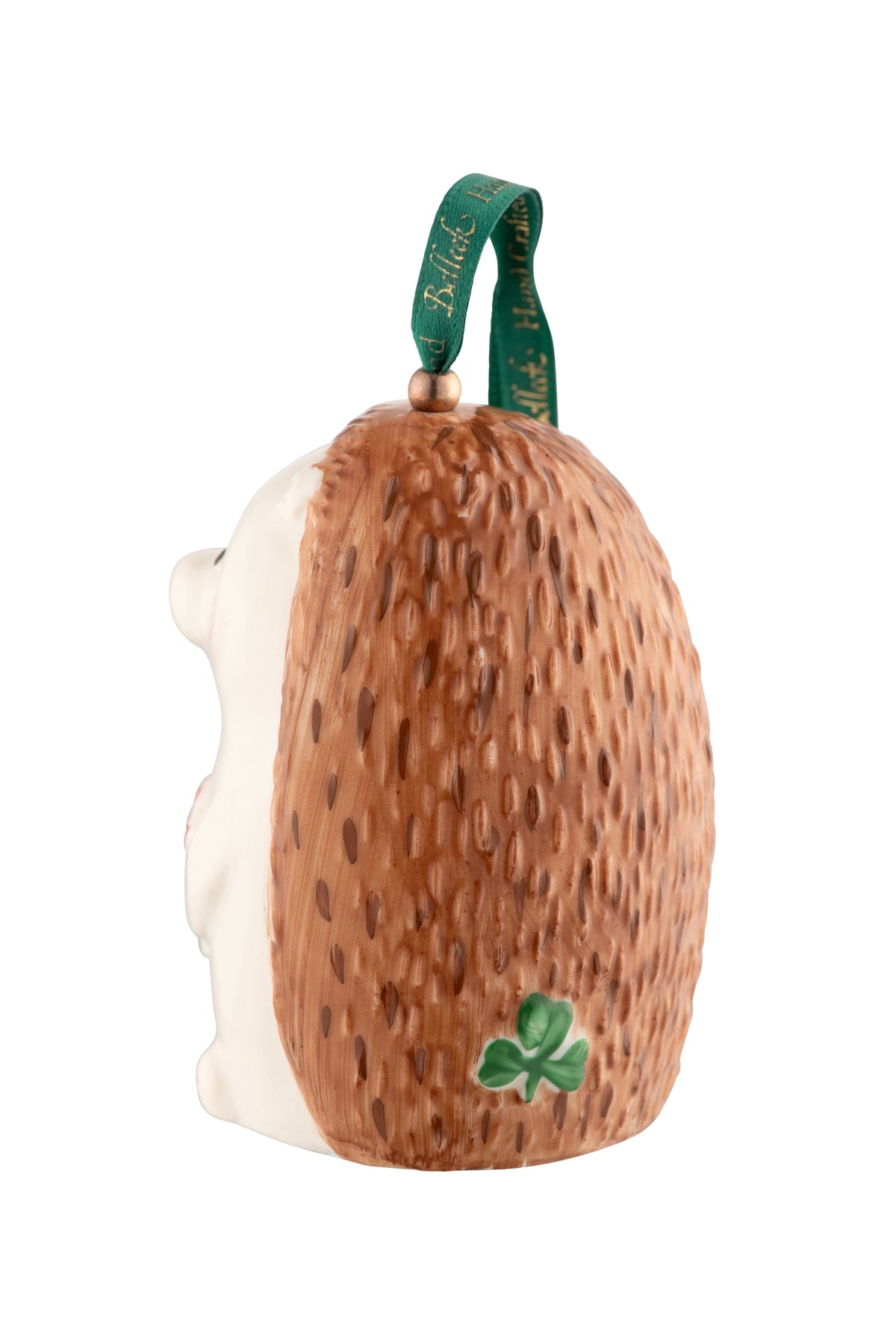 Back view of Belleek Classic Woodland Hedgehog Ornament showing textured brown spines and green shamrock detail with hanging