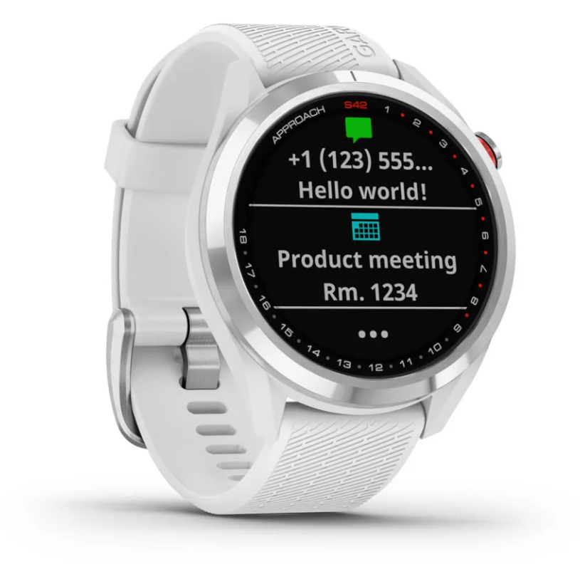 Garmin Approach S42 golf GPS watch in stainless steel with white band showing message and calendar alerts on screen