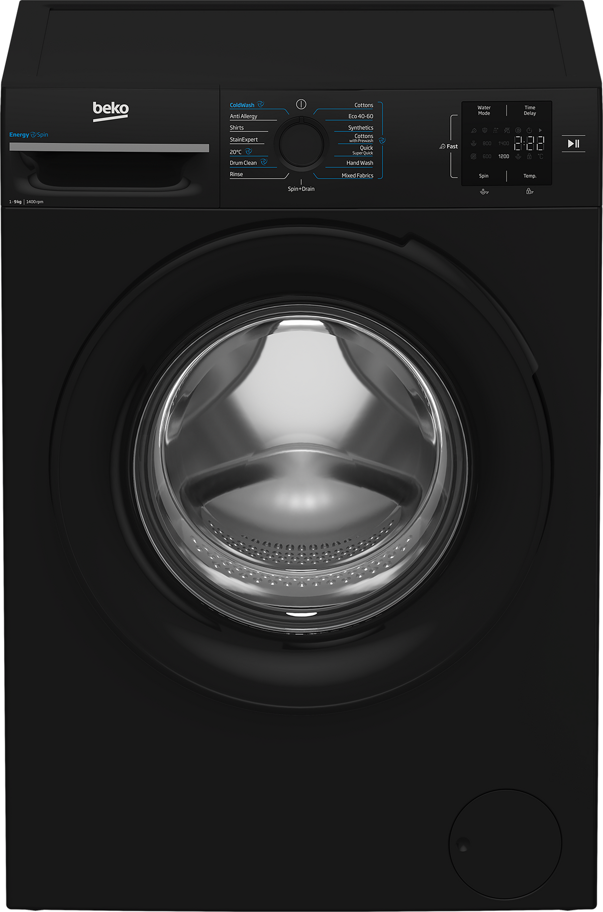 Front view of Beko 9kg 1400 Spin black washing machine with control dial and digital display panel.