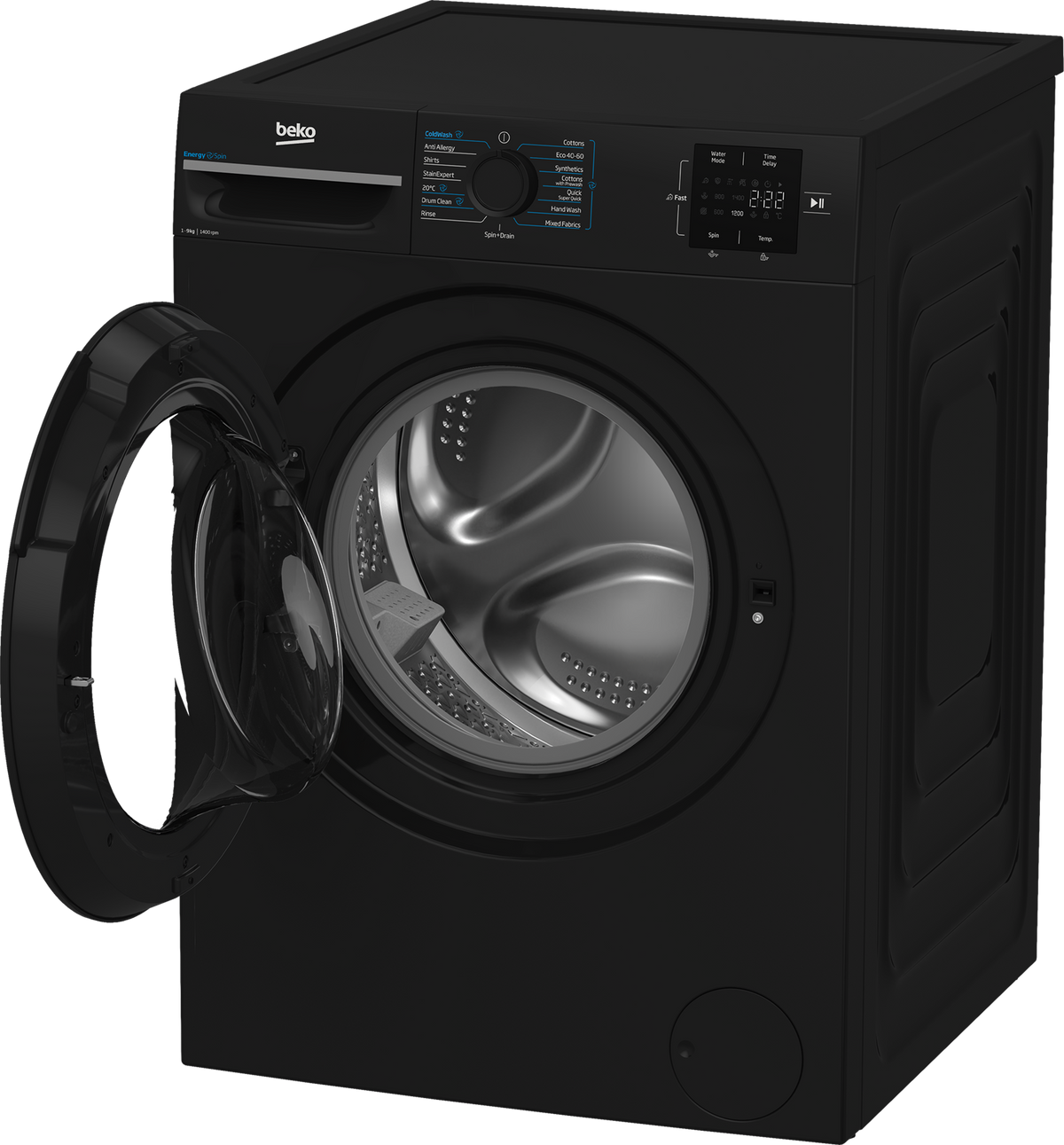 Beko black 9kg washing machine with digital display, built into wooden cabinetry below a window with a plant on top.